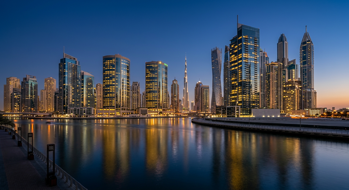 Dubai business district towers at blue hour